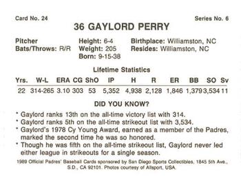 1989 San Diego Padres #24 Gaylord Perry Back