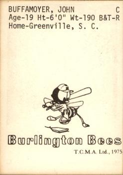 1975 TCMA Burlington Bees #NNO John Buffamoyer Back