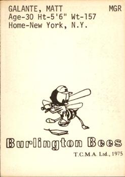 1975 TCMA Burlington Bees #NNO Matt Galante Back