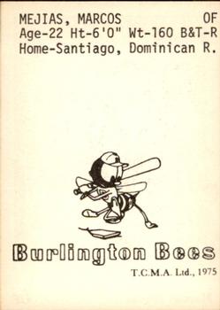 1975 TCMA Burlington Bees #NNO Marcos Mejias Back