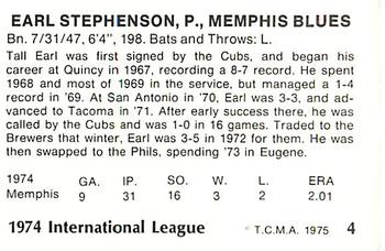 1975 TCMA International League All-Stars #4 Earl Stephenson Back