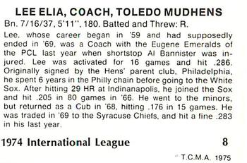 1975 TCMA International League All-Stars #8 Lee Elia Back