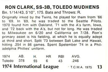 1975 TCMA International League All-Stars #13 Ron Clark Back