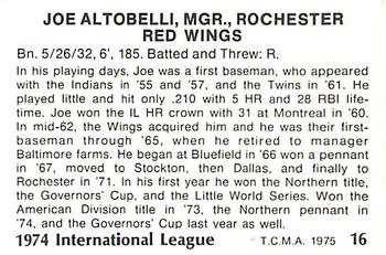 1975 TCMA International League All-Stars #16 Joe Altobelli Back