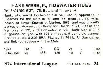 1975 TCMA International League All-Stars #24 Hank Webb Back