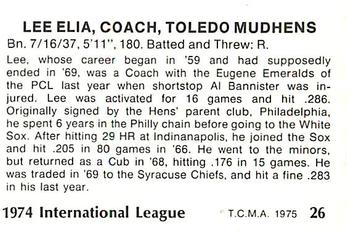 1975 TCMA International League All-Stars #26 Lee Elia Back