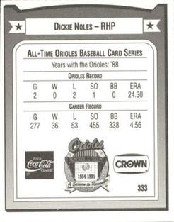 1991 Crown/Coca-Cola Baltimore Orioles #333 Dickie Noles Back