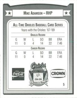 1991 Crown/Coca-Cola Baltimore Orioles #5 Mike Adamson Back