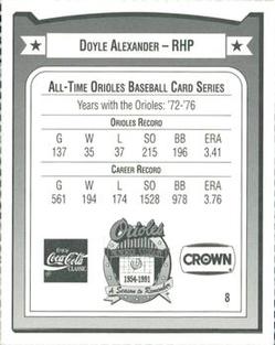 1991 Crown/Coca-Cola Baltimore Orioles #8 Doyle Alexander Back