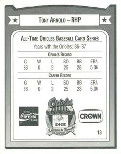 1991 Crown/Coca-Cola Baltimore Orioles #13 Tony Arnold Back