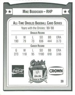 1991 Crown/Coca-Cola Baltimore Orioles #39 Mike Boddicker Back