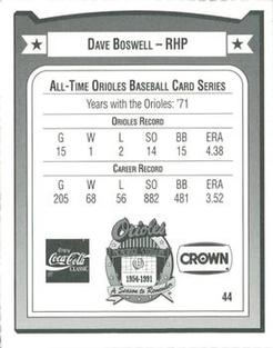 1991 Crown/Coca-Cola Baltimore Orioles #44 Dave Boswell Back