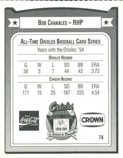 1991 Crown/Coca-Cola Baltimore Orioles #74 Bob Chakales Back