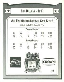 1991 Crown/Coca-Cola Baltimore Orioles #106 Bill Dillman Back
