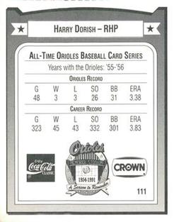 1991 Crown/Coca-Cola Baltimore Orioles #111 Harry Dorish Back