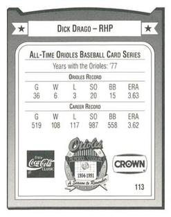 1991 Crown/Coca-Cola Baltimore Orioles #113 Dick Drago Back