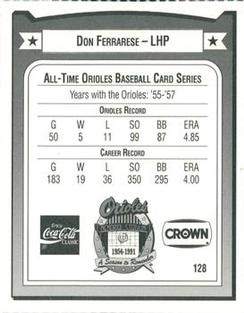 1991 Crown/Coca-Cola Baltimore Orioles #128 Don Ferrarese Back