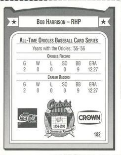 1991 Crown/Coca-Cola Baltimore Orioles #182 Bob Harrison Back