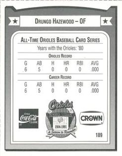 1991 Crown/Coca-Cola Baltimore Orioles #189 Drungo Hazewood Back