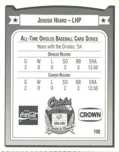 1991 Crown/Coca-Cola Baltimore Orioles #190 Jay Heard Back