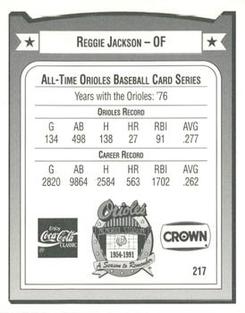 1991 Crown/Coca-Cola Baltimore Orioles #217 Reggie Jackson Back