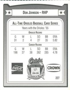 1991 Crown/Coca-Cola Baltimore Orioles #227 Don Johnson Back
