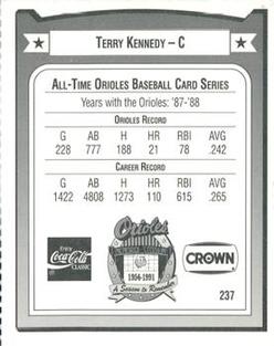 1991 Crown/Coca-Cola Baltimore Orioles #237 Terry Kennedy Back