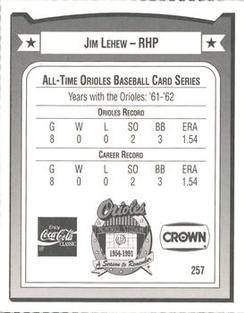 1991 Crown/Coca-Cola Baltimore Orioles #257 Jim Lehew Back