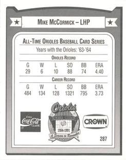 1991 Crown/Coca-Cola Baltimore Orioles #287 Mike McCormick Back