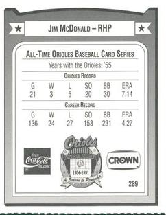 1991 Crown/Coca-Cola Baltimore Orioles #289 Jim McDonald Back