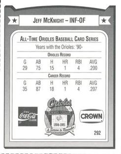 1991 Crown/Coca-Cola Baltimore Orioles #292 Jeff McKnight Back