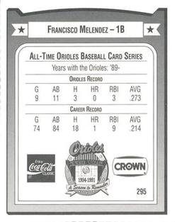 1991 Crown/Coca-Cola Baltimore Orioles #295 Francisco Melendez Back