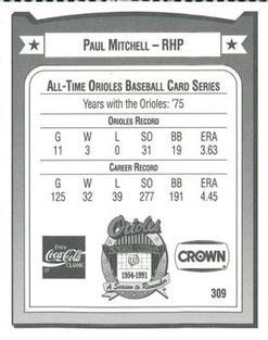 1991 Crown/Coca-Cola Baltimore Orioles #309 Paul Mitchell Back