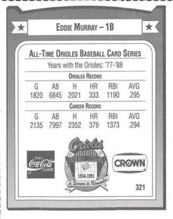 1991 Crown/Coca-Cola Baltimore Orioles #321 Eddie Murray Back