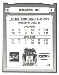 1991 Crown/Coca-Cola Baltimore Orioles #343 Gregg Olson Back
