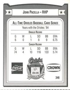 1991 Crown/Coca-Cola Baltimore Orioles #346 John Pacella Back