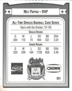 1991 Crown/Coca-Cola Baltimore Orioles #351 Milt Pappas Back