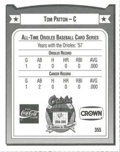 1991 Crown/Coca-Cola Baltimore Orioles #355 Tom Patton Back