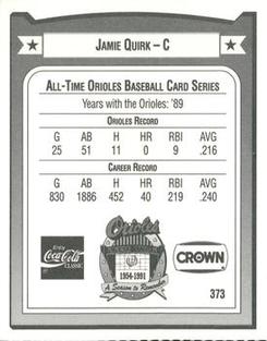 1991 Crown/Coca-Cola Baltimore Orioles #373 Jamie Quirk Back
