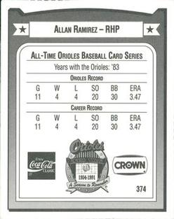1991 Crown/Coca-Cola Baltimore Orioles #374 Allan Ramirez Back