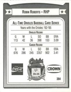 1991 Crown/Coca-Cola Baltimore Orioles #384 Robin Roberts Back