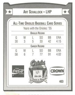 1991 Crown/Coca-Cola Baltimore Orioles #403 Art Schallock Back