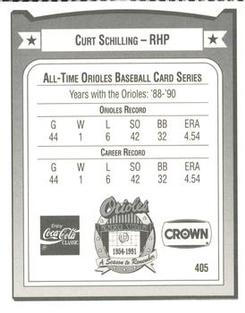 1991 Crown/Coca-Cola Baltimore Orioles #405 Curt Schilling Back