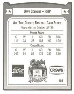 1991 Crown/Coca-Cola Baltimore Orioles #406 Dave Schmidt Back