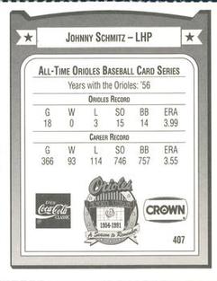 1991 Crown/Coca-Cola Baltimore Orioles #407 Johnny Schmitz Back