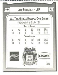 1991 Crown/Coca-Cola Baltimore Orioles #408 Jeff Schneider Back