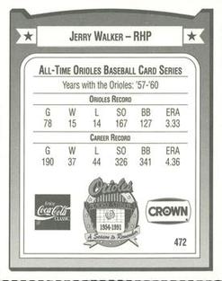 1991 Crown/Coca-Cola Baltimore Orioles #472 Jerry Walker Back