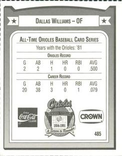 1991 Crown/Coca-Cola Baltimore Orioles #485 Dallas Williams Back
