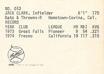 1975 TCMA Lafayette Drillers #13 Jack Clark Back