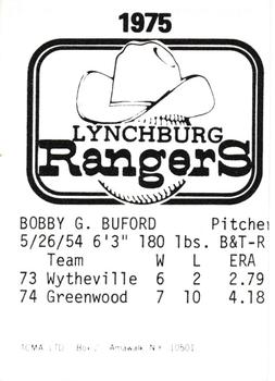 1975 TCMA Lynchburg Rangers #NNO Bobby Buford Back
